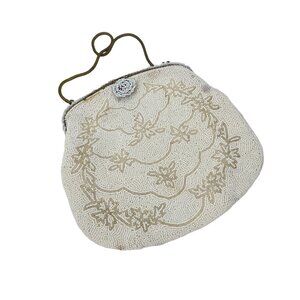 Carry Made In France Vintage White Beaded Handbag With Floral Patterns & Metal C